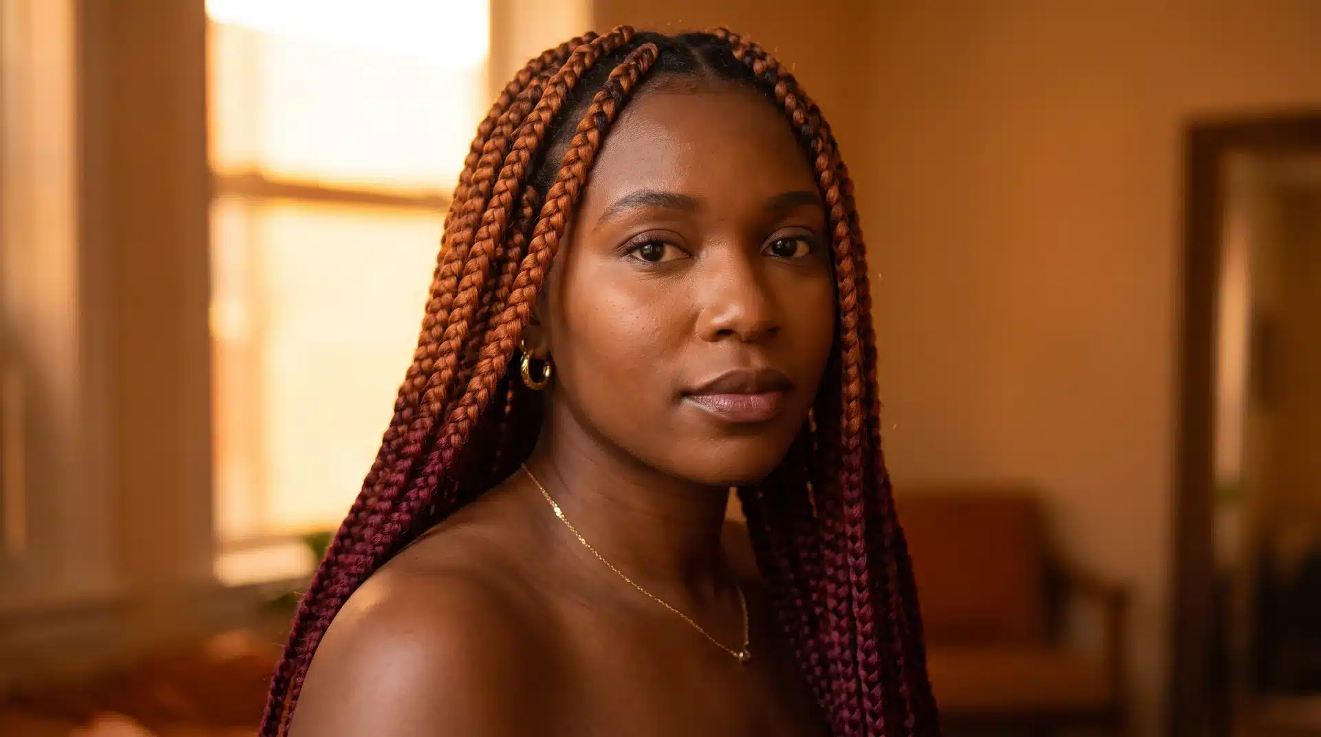 Black woman with copper to burgundy ombré box braids in warm amber editorial lighting.
