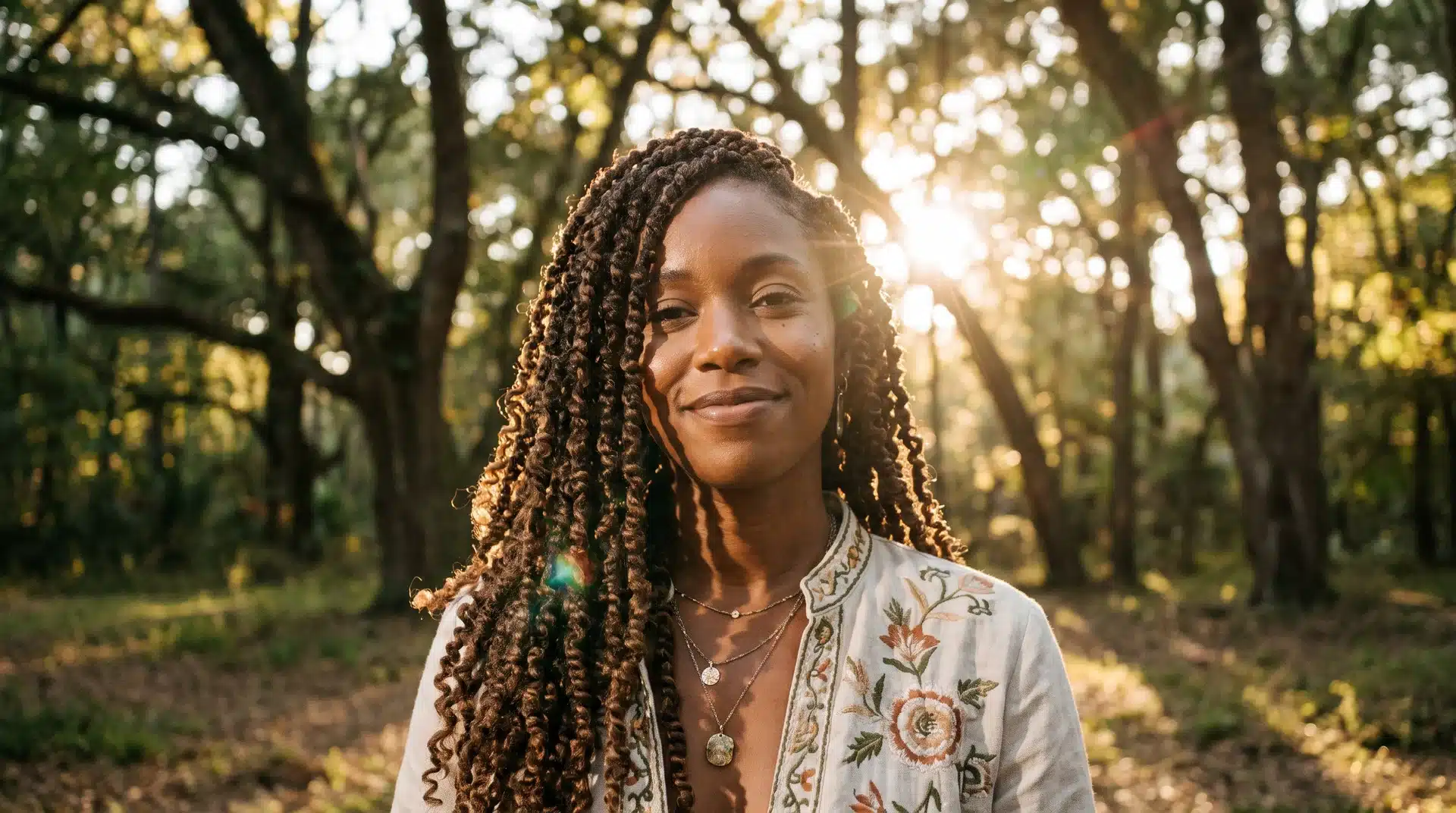 Black woman with long bohemian passion twists in warm golden hour outdoor lighting.