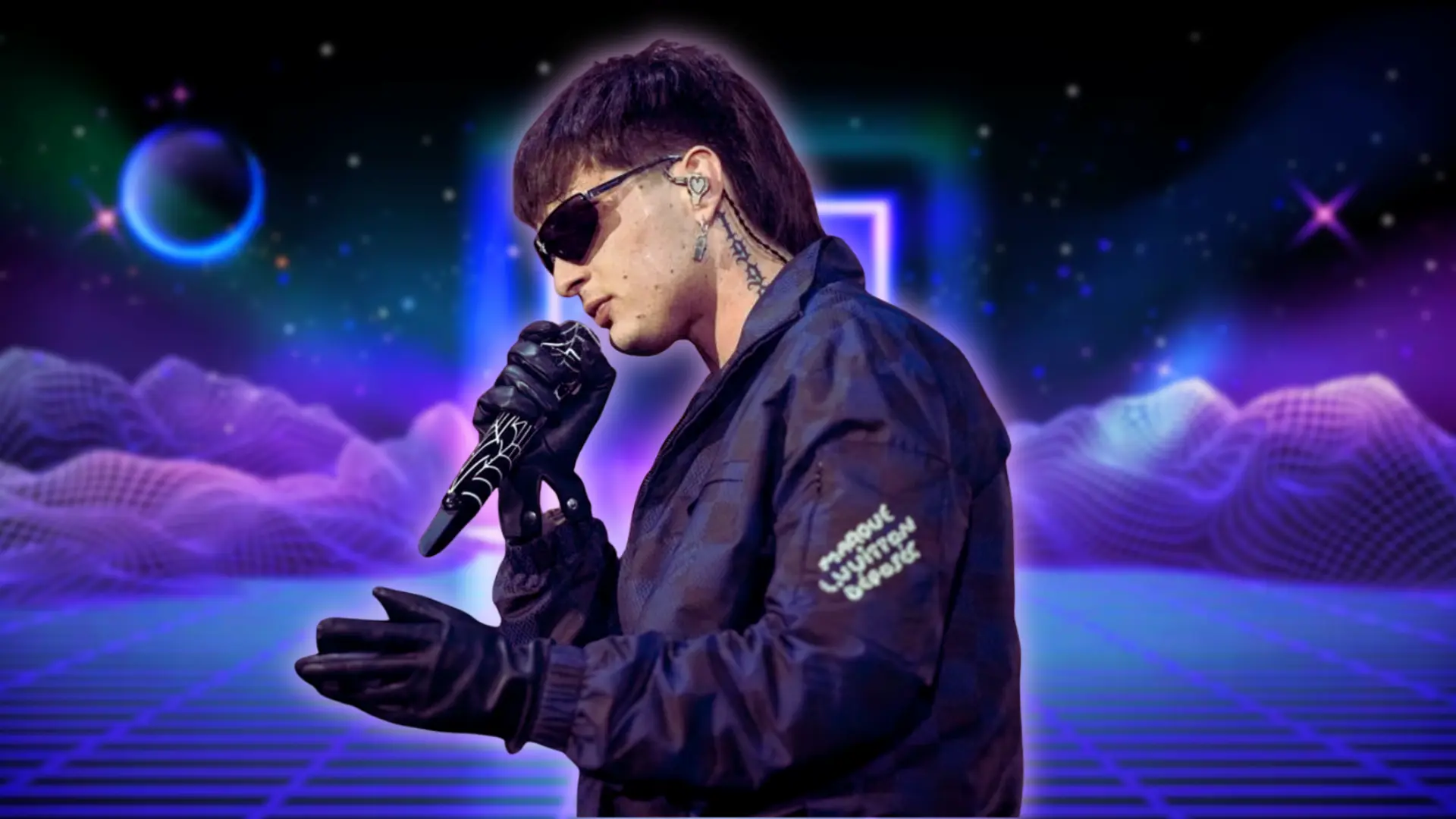 Peso Pluma performing with his signature mullet, sunglasses, and neck tattoos against a neon purple background.Peso Pluma performing with his signature mullet, sunglasses, and neck tattoos against a neon purple background.