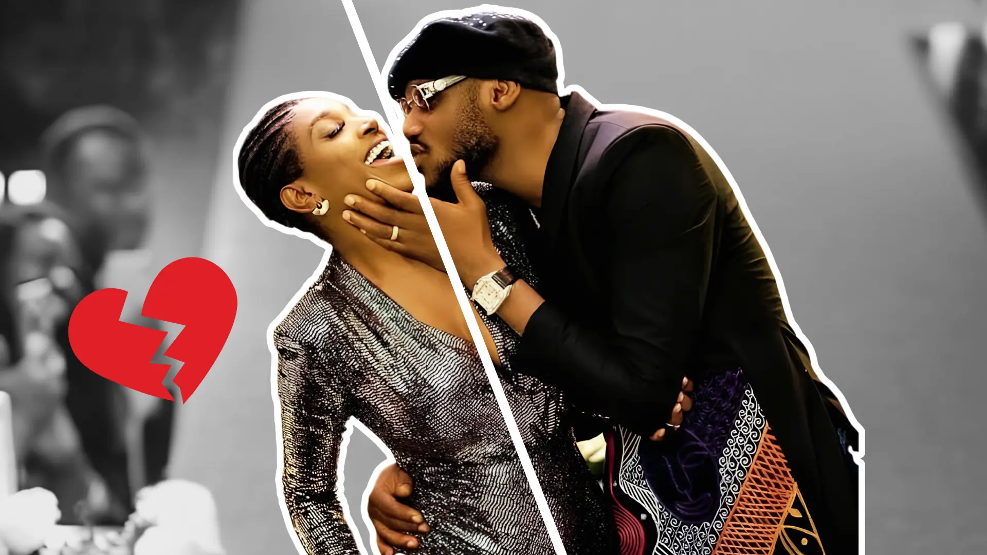 Annie Macaulay-Idibia and 2Baba in an intimate moment with a broken heart icon representing their 2025 divorce.
