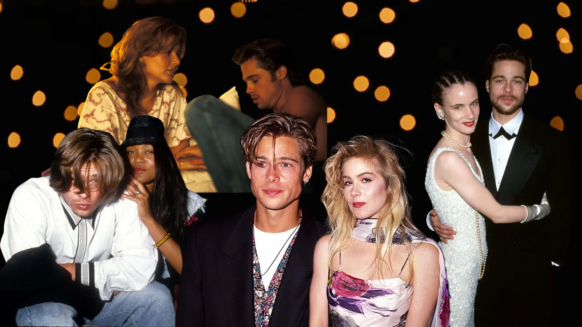 A collage of Brad Pitt with his early relationships including Robin Givens, Geena Davis, Christina Applegate, and Juliette Lewis.