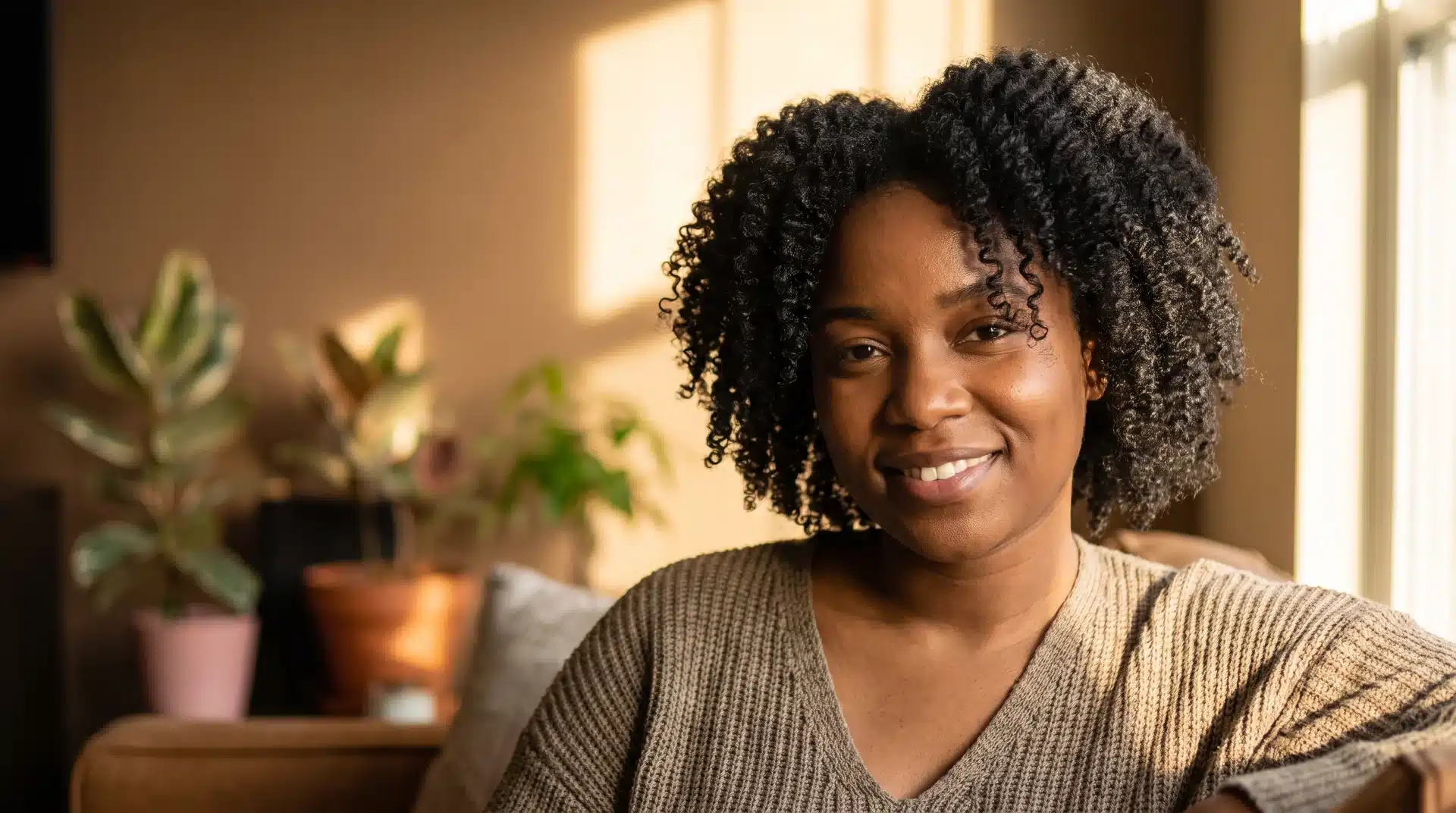Black woman with defined type 4 wash-and-go curls in soft natural lighting.