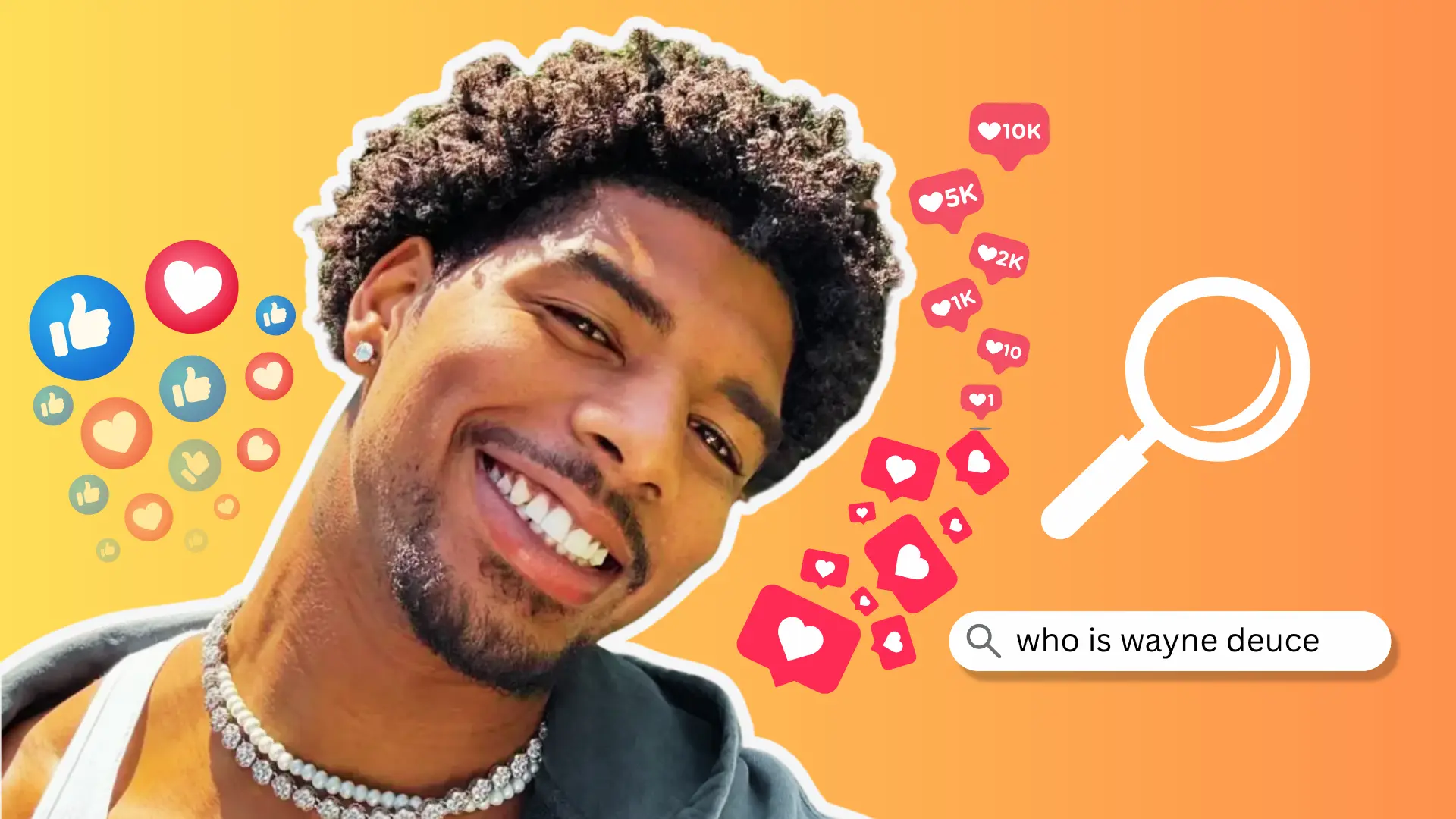 Wayne Deuce smiling surrounded by social media likes and a search bar asking who is wayne deuce representing his growing fame.