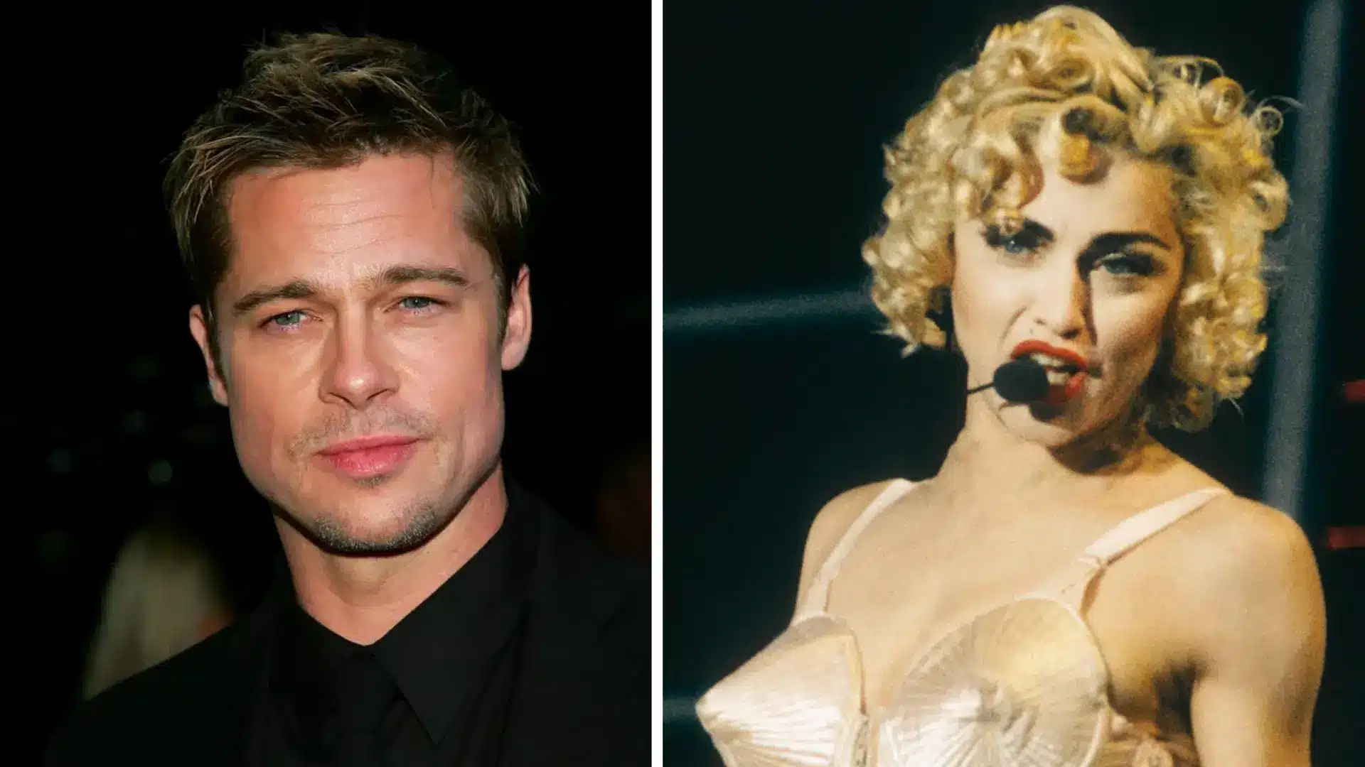 Side-by-side photo of Brad Pitt at a Hollywood event and Madonna performing on stage in the 1990s.