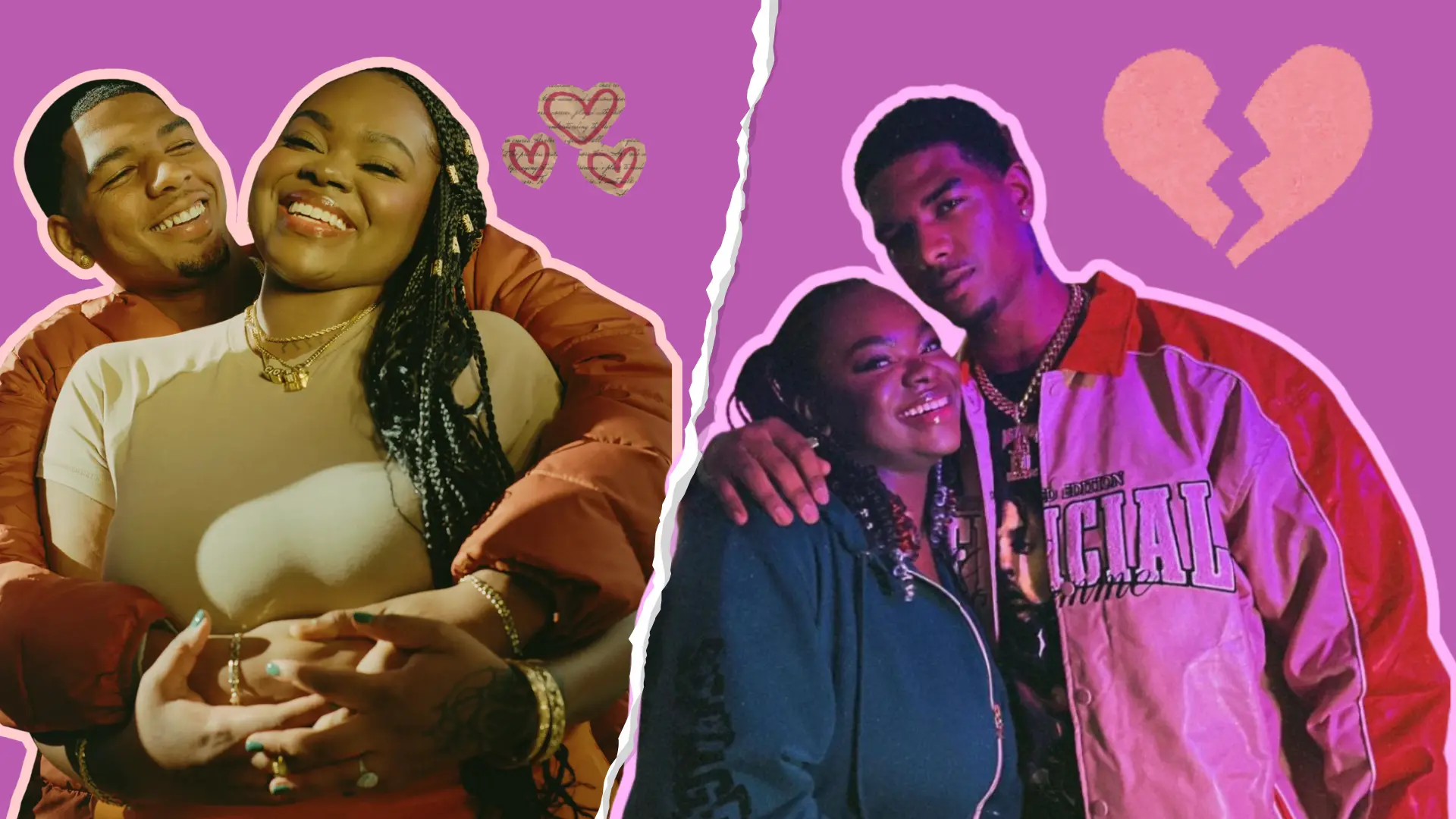 Wayne Deuce and Cori Broadus pictured together in happier times alongside a broken heart icon representing their uncertain relationship status in 2026.