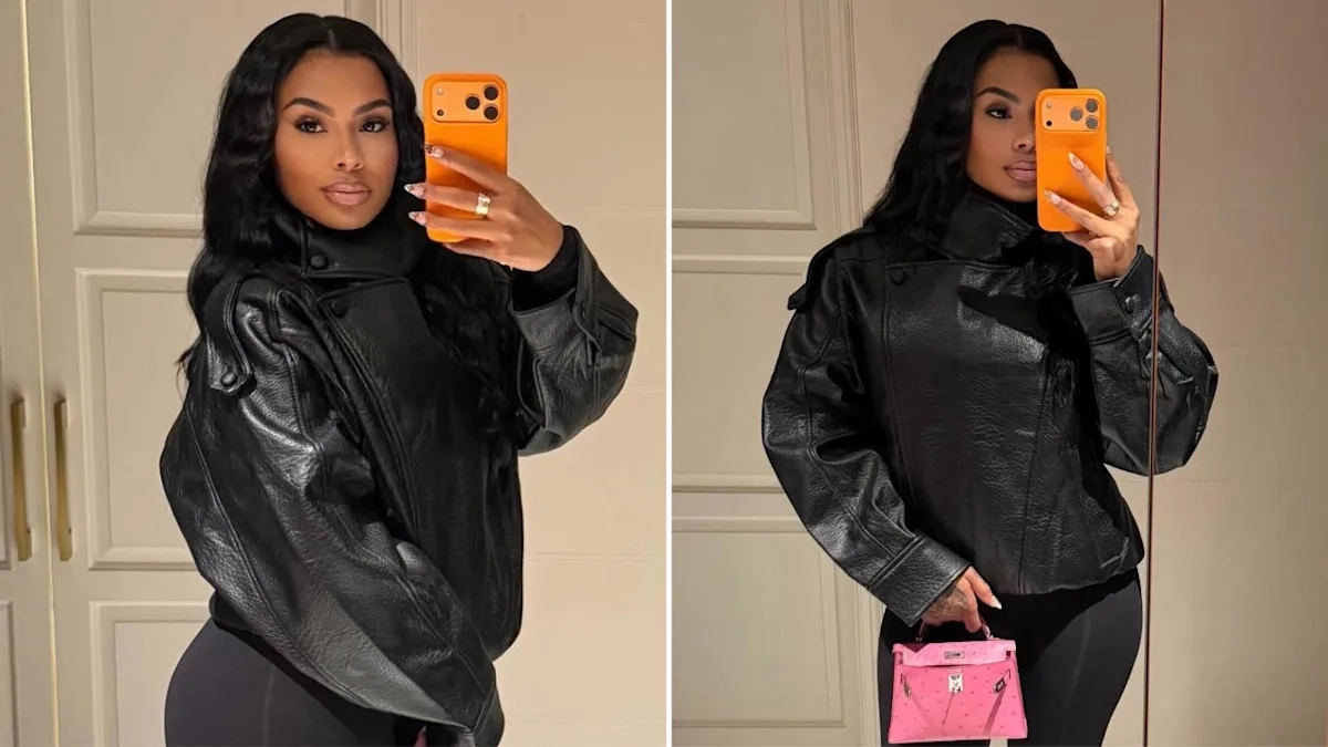 Alisah Chanel taking mirror selfies in a black leather jacket, holding an orange phone; second pose shows her with a pink mini handbag.