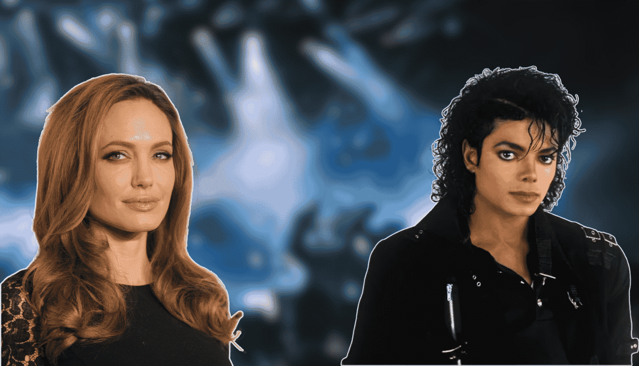 Collage of angelina jolie and michael jackson side by side in black outfits against a blue background.
