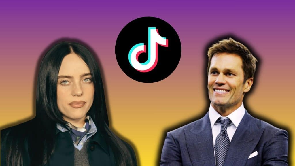 Billie Eilish and Tom Brady with a TikTok logo between them on a gradient background.