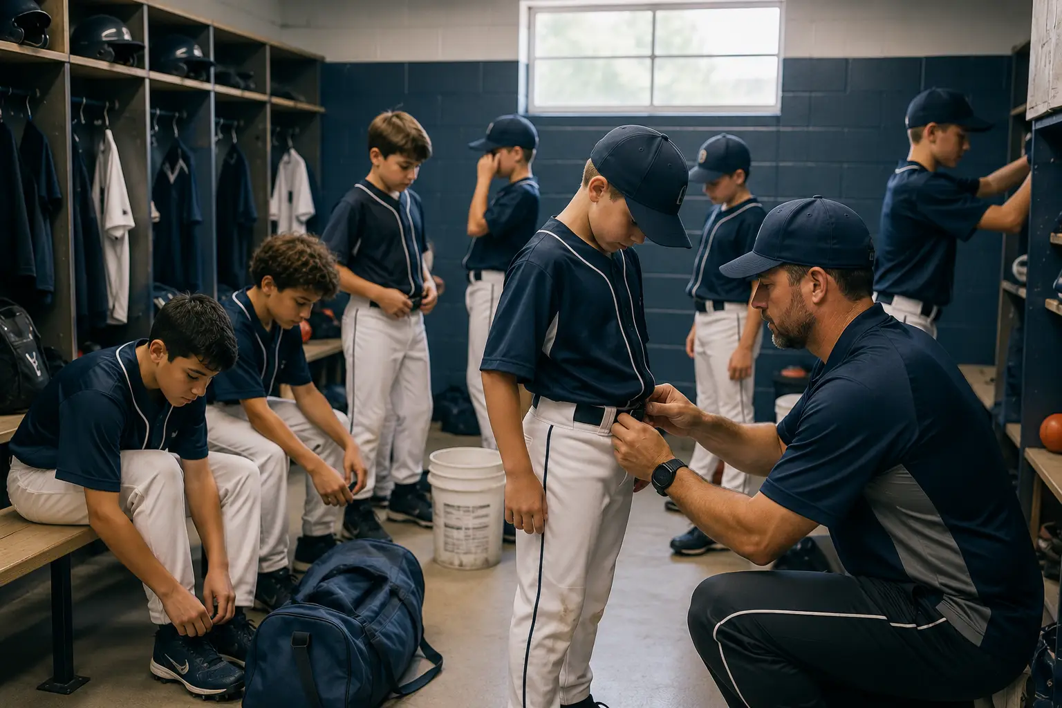 Baseball coach assisting young players with uniforms in a locker room before a game