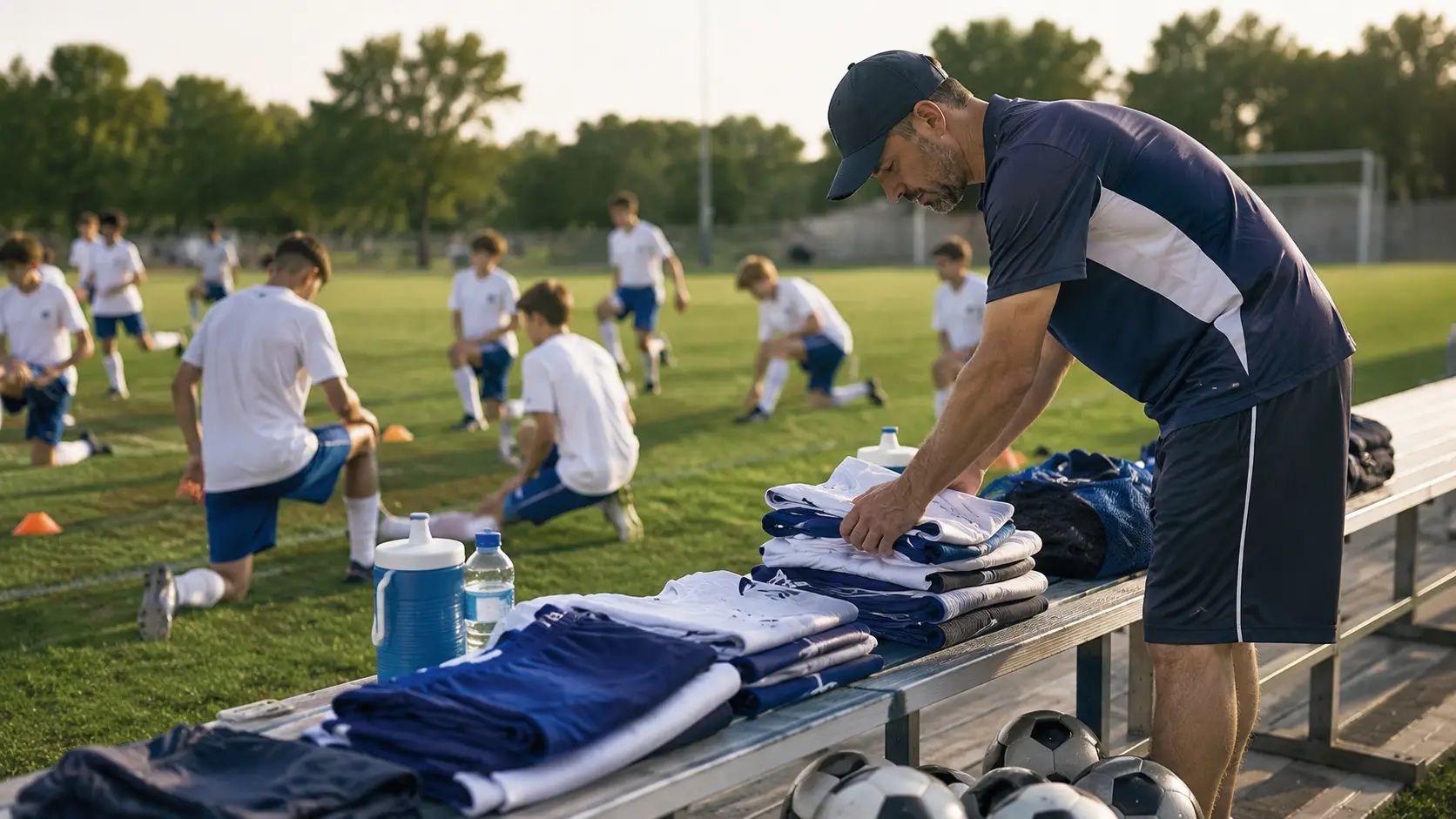 Sports coach organizing jerseys on sidelines as young soccer players warm up on field