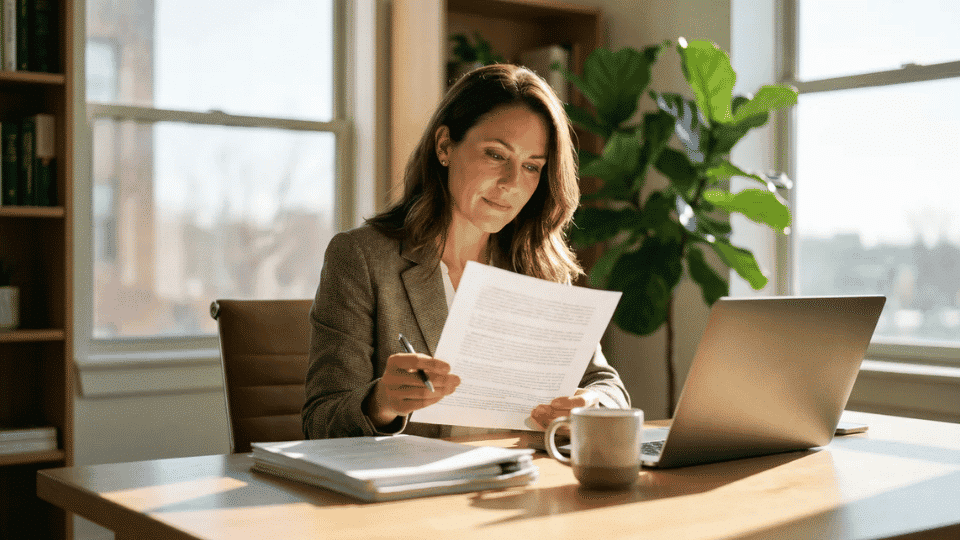 Woman reviewing contract document at desk with laptop in a sunlit office.