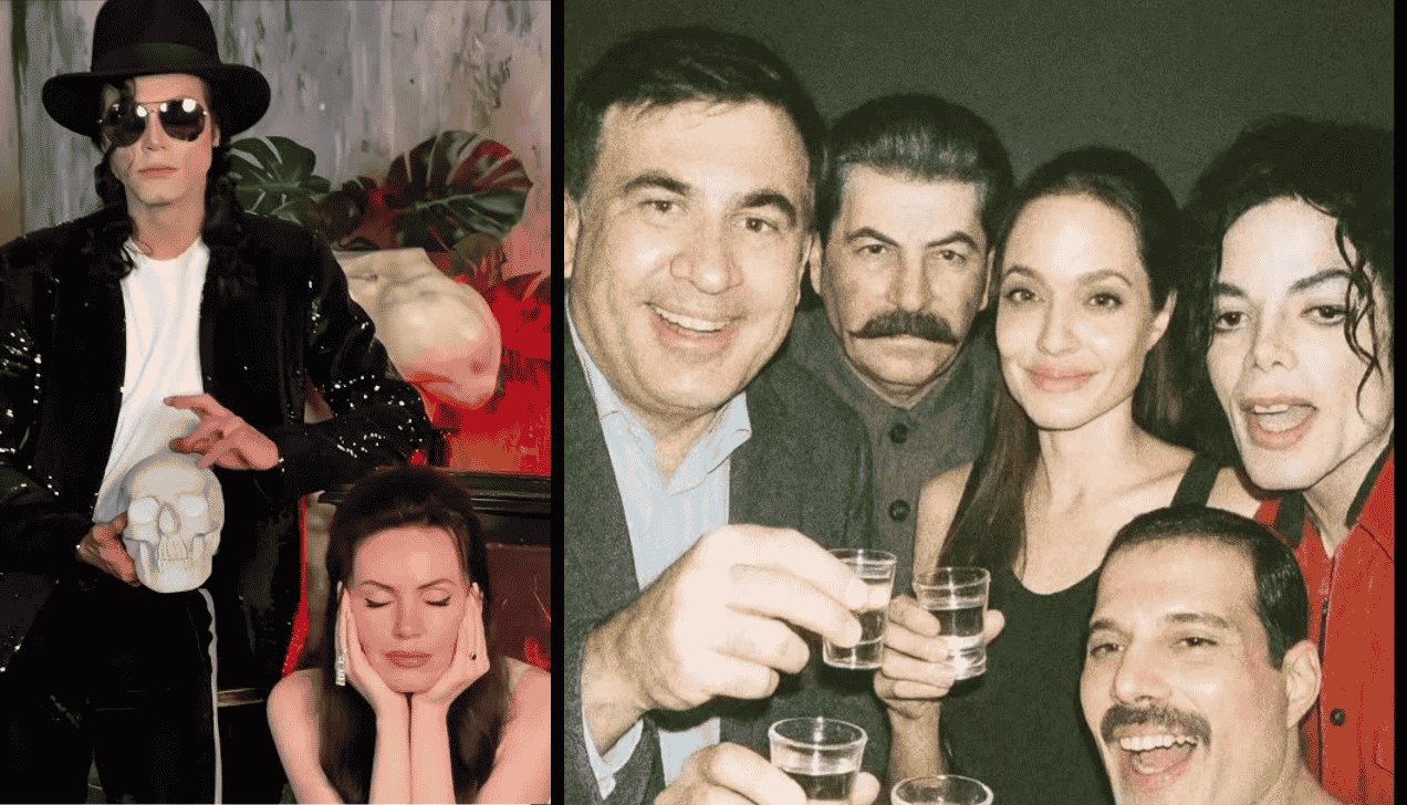 Fake photos of angelina jolie and michael jackson, including a group selfie with Joseph Stalin and Freddie Mercury.