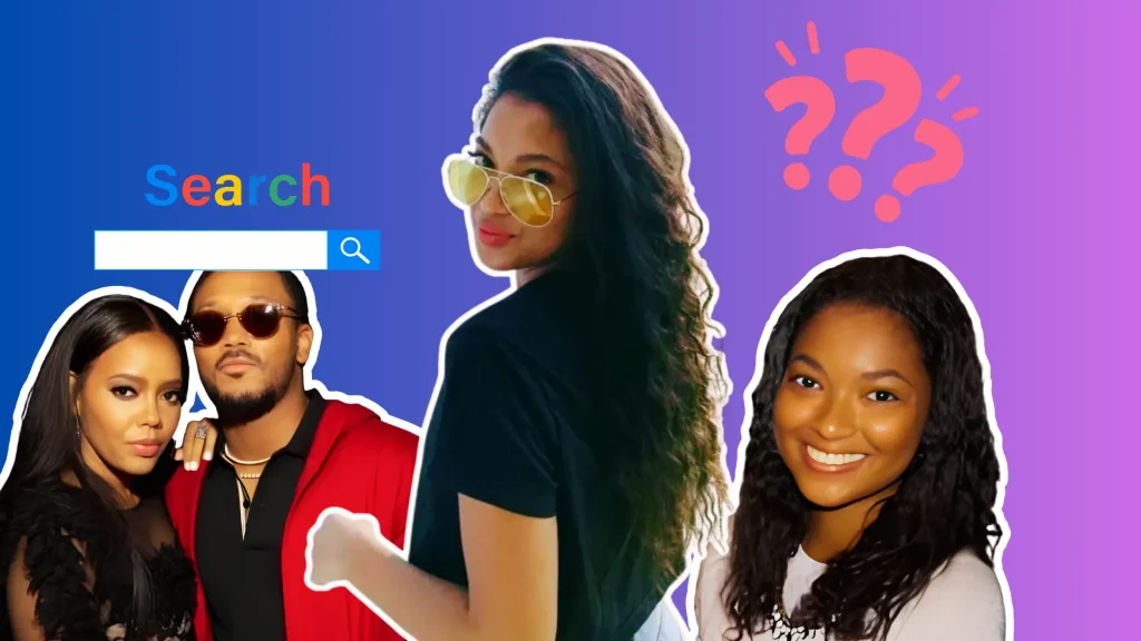 Drew Sangster pictured alongside a search bar and question marks, representing her rising online curiosity as Romeo Miller's partner.