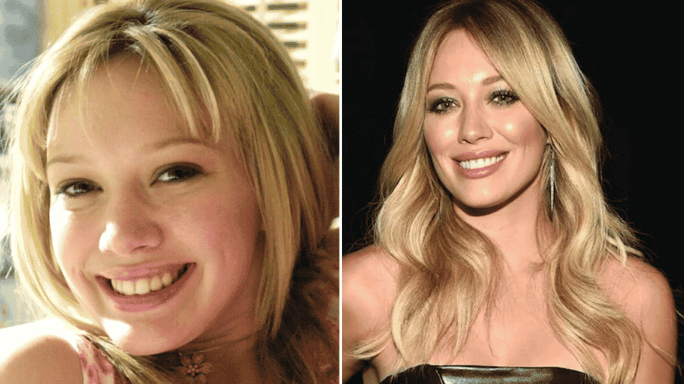 Hilary Duff smiling confidently, highlighting her teeth transformation with multiple porcelain veneers.