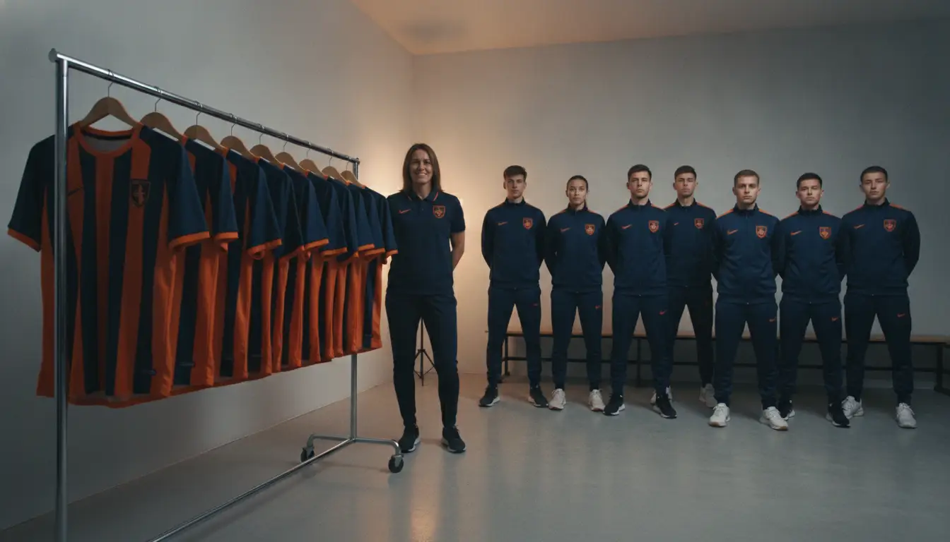 Coach standing beside team jerseys on rack with players lined up in sports gear