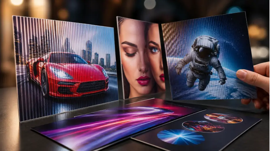 Several glossy photo prints on a table featuring a sports car, portraits, and an astronaut in space