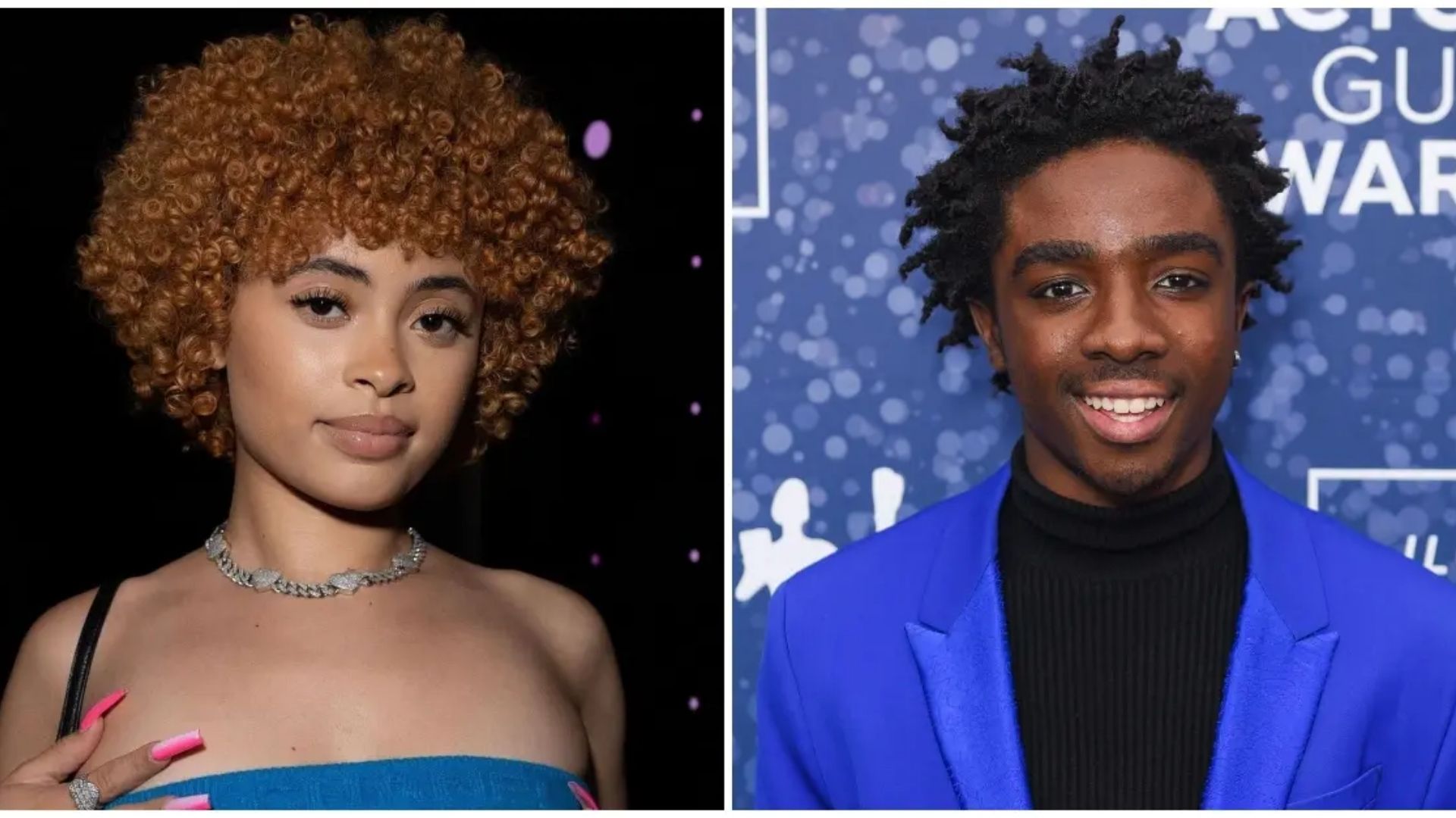 Ice Spice and Caleb McLaughlin side-by-side portrait photos at an event.