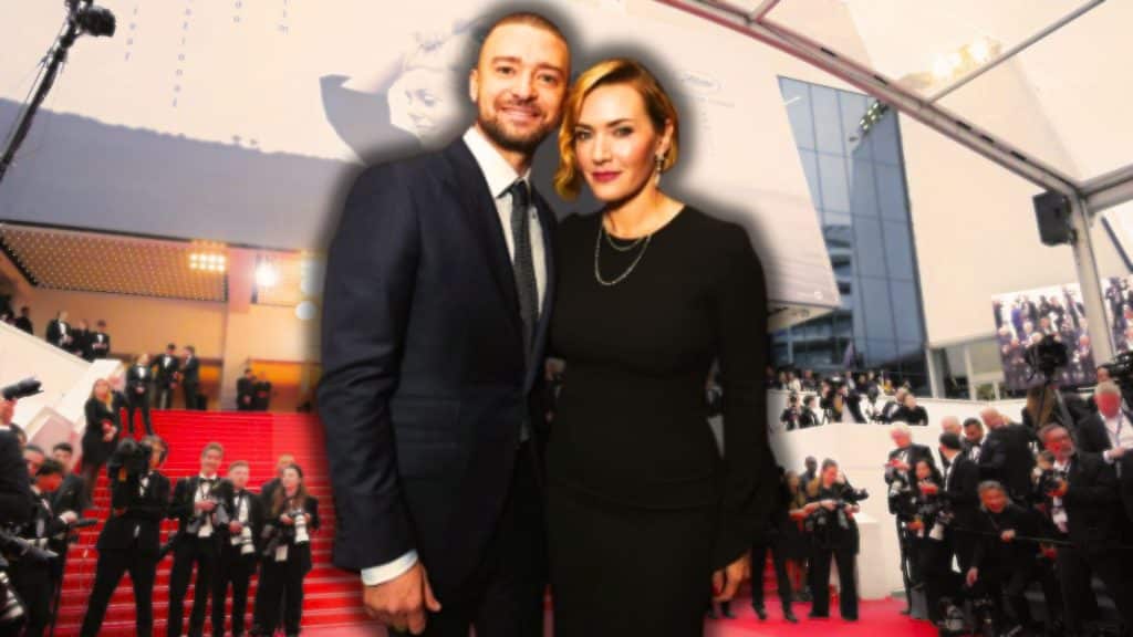 Kate Winslet and Justin Timberlake posing together at a red carpet event.