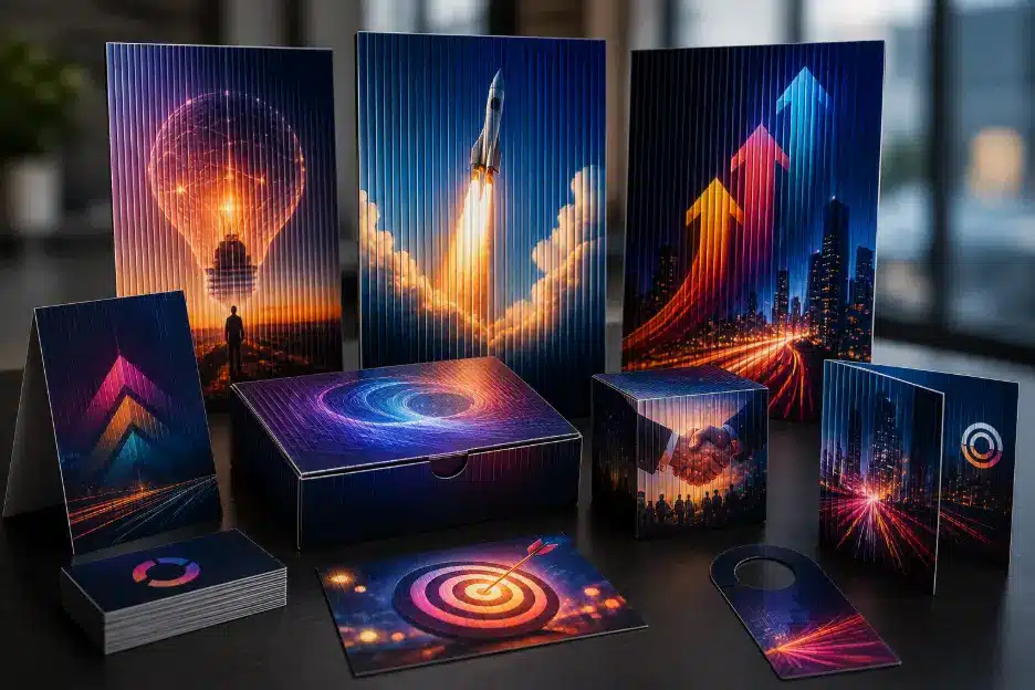 Assorted futuristic-themed business card and packaging designs with vibrant cityscape and space imagery
