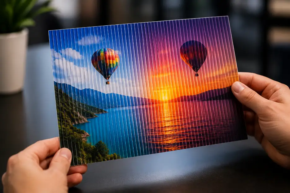 Hands holding colorful lenticular print of hot air balloons at sunset over water