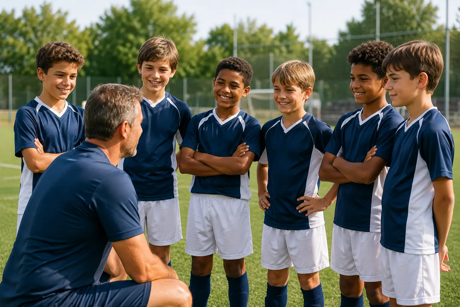 Soccer coach speaking to boys' team wearing blue uniforms on grass field