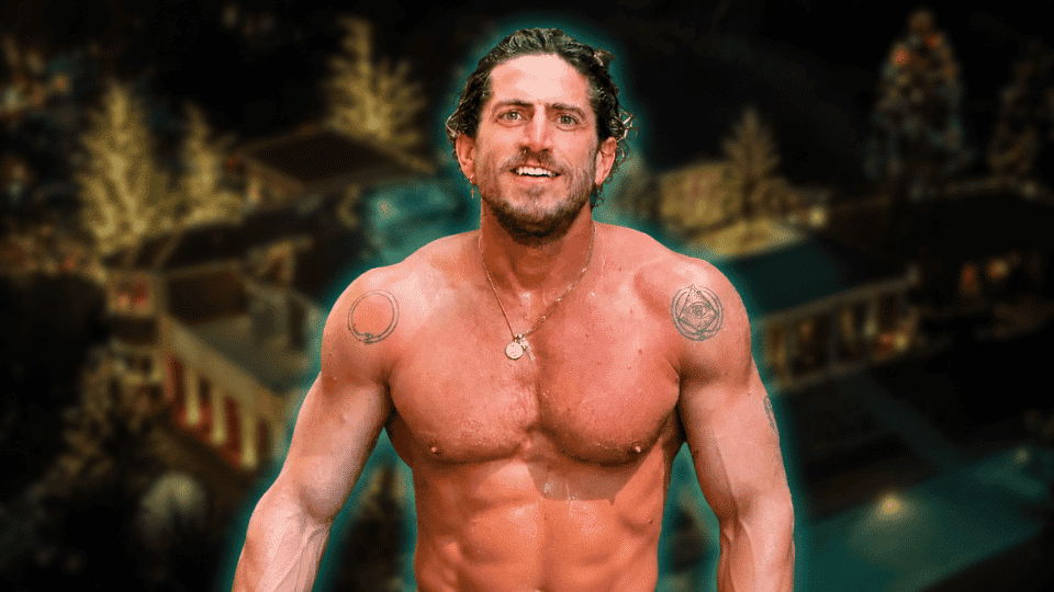 Rafael Olarra, shirtless and smiling, posed against a blurred resort night background with soft cyan glow cutout effect.