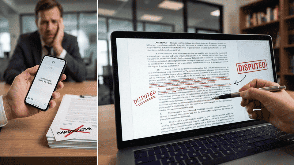 Man reviewing contract dispute on phone while marking document as “disputed” on laptop in office setting