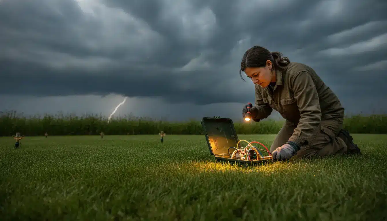 Person examining circuit board in open field during storm with flashlight and lightning in background
