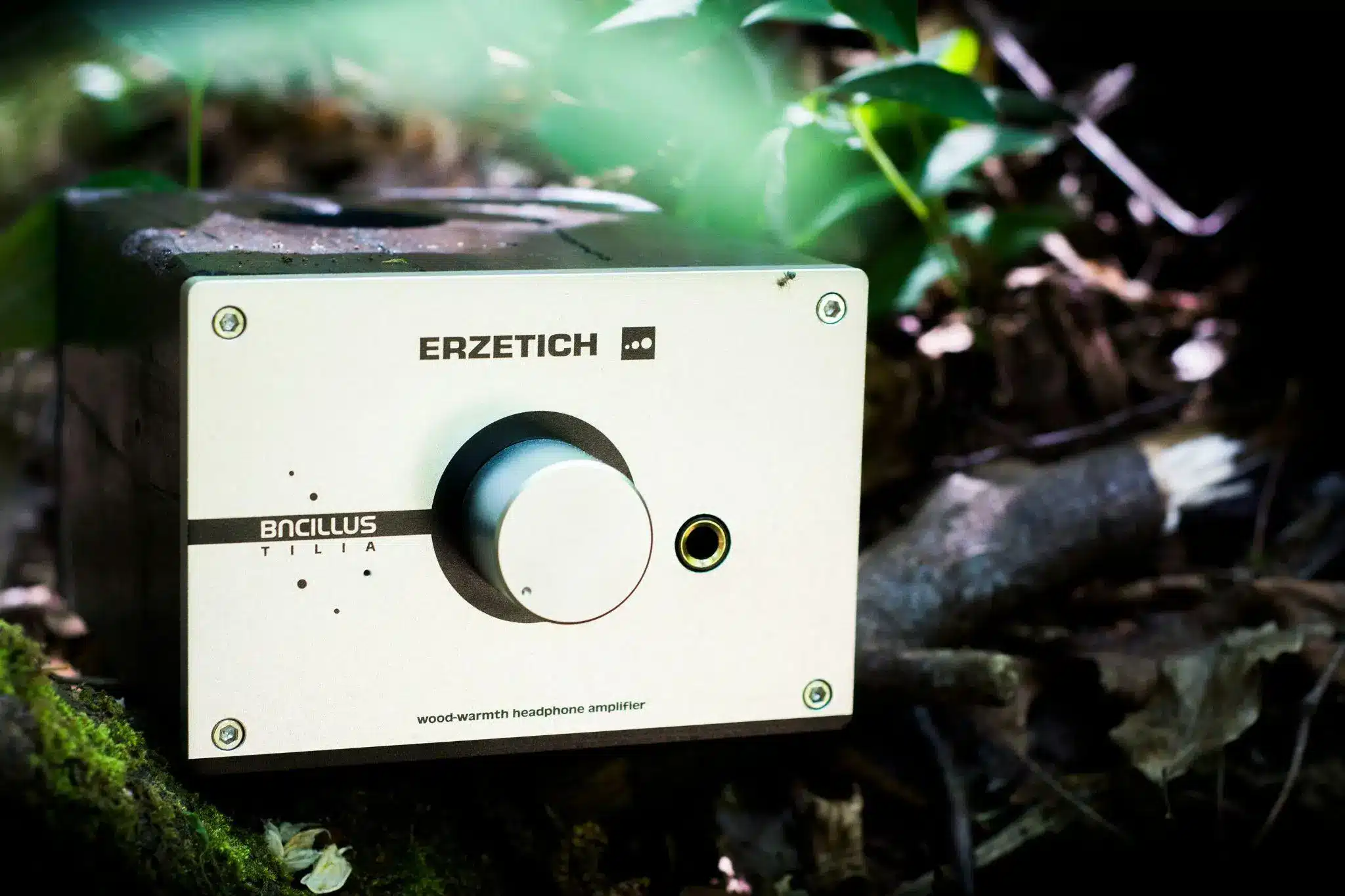 Headphone amplifier with volume knob in outdoor forest setting with leaves and branches