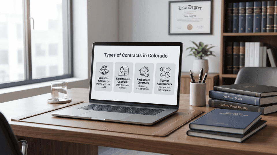 Laptop displaying contract types infographic on desk in modern office setting with books and natural light.