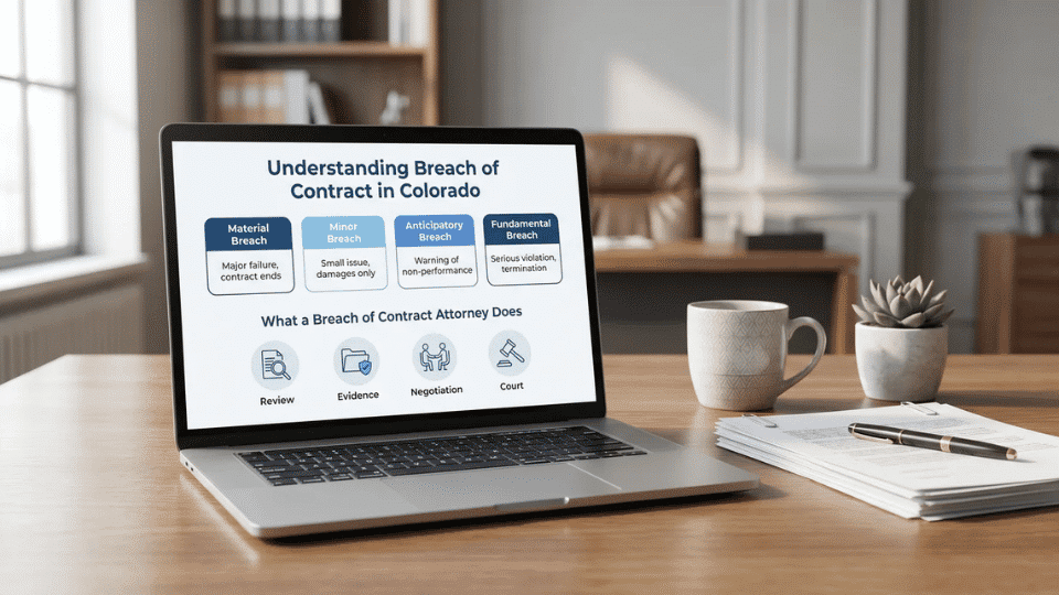 Laptop showing legal presentation on breach of contract in Colorado on a desk in a modern office setting.