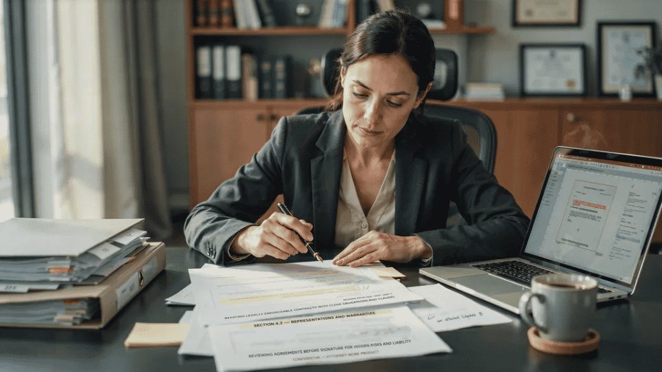 Attorney reviewing contract documents at desk with laptop in a modern office setting.