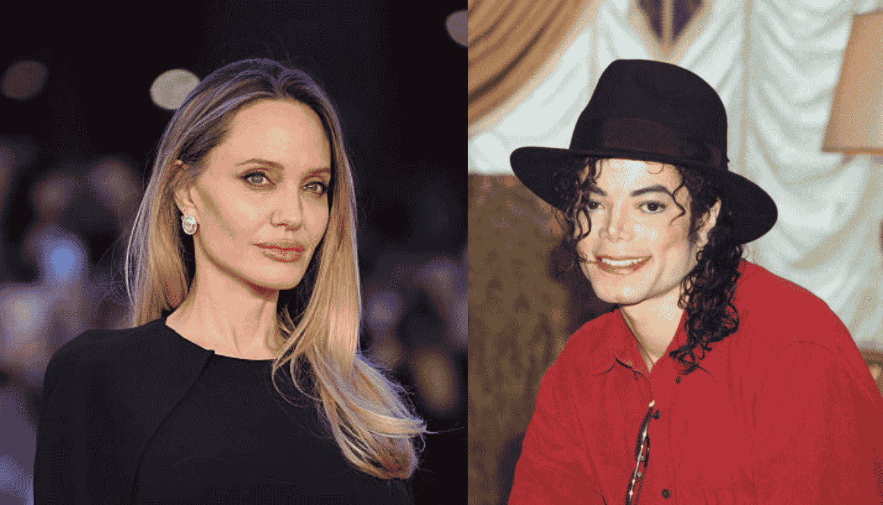 Side-by-side portraits of angelina jolie and michael jackson in a black dress and a red shirt with a hat.