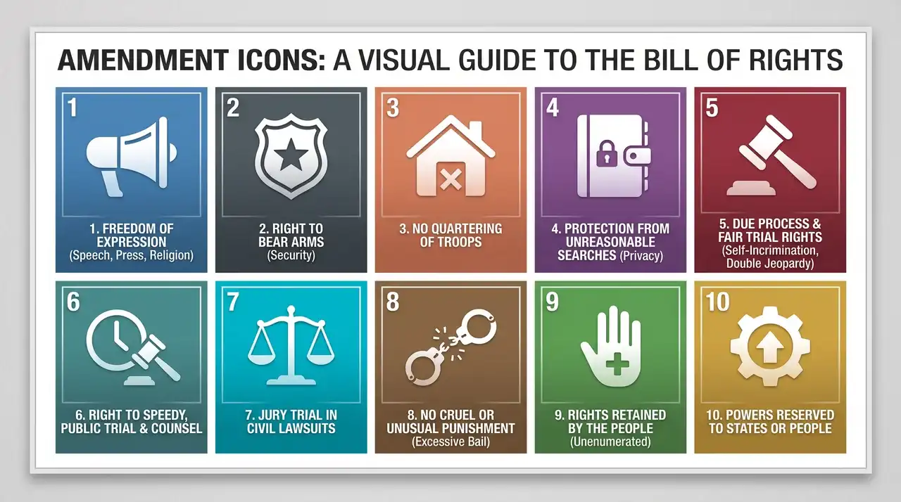 An icon grid displaying all ten amendments for the bill of rights simplified.