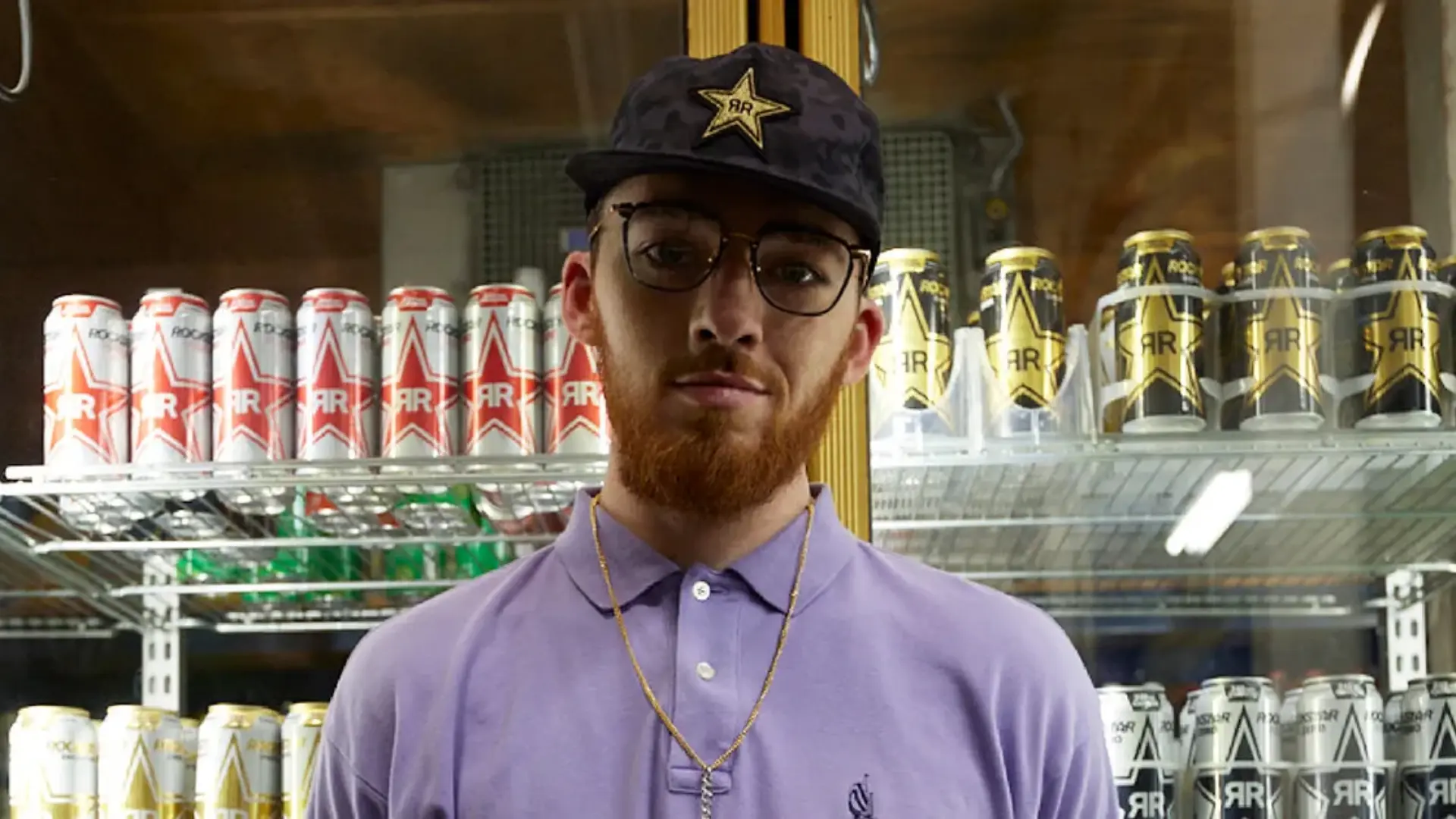 Angus Cloud promoting a PepsiCo partnership, holding or interacting with branded products, wearing casual streetwear, with a vibrant and energetic background reflecting the campaign’s youthful vibe.