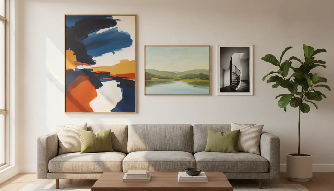 Living room with gray sofa, colorful abstract artwork, and potted plant in natural light
