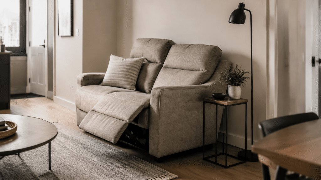 Compact two-seat reclining loveseat with one seat extended in a small apartment.