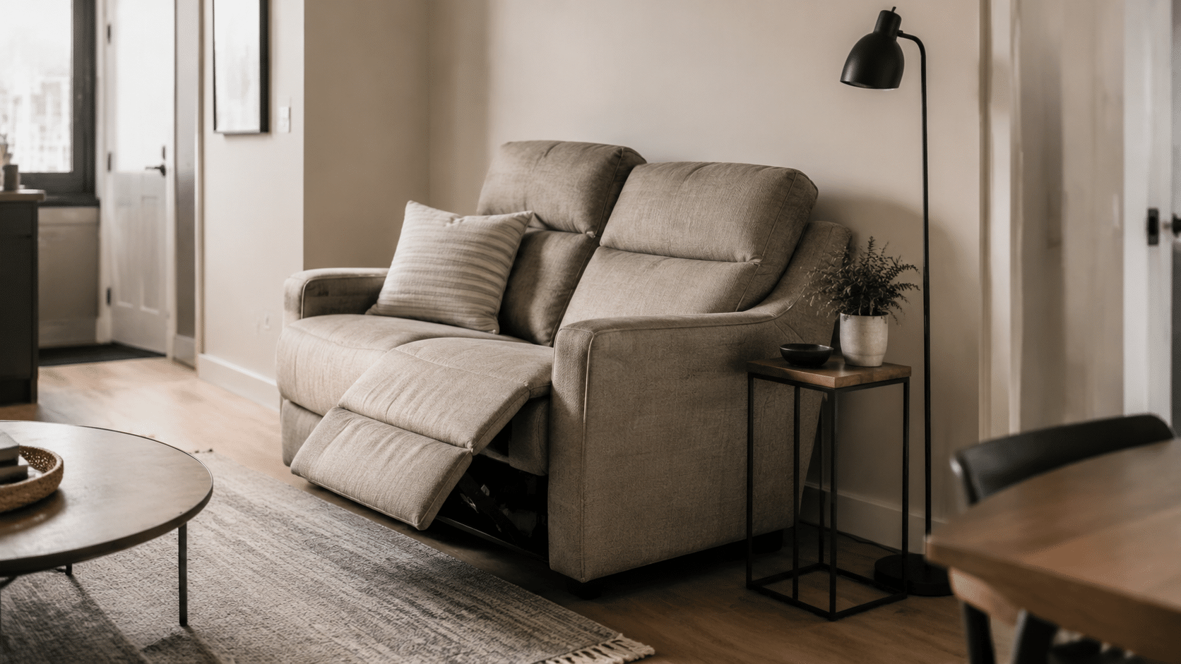 Compact two-seat reclining loveseat with one seat extended in a small apartment.