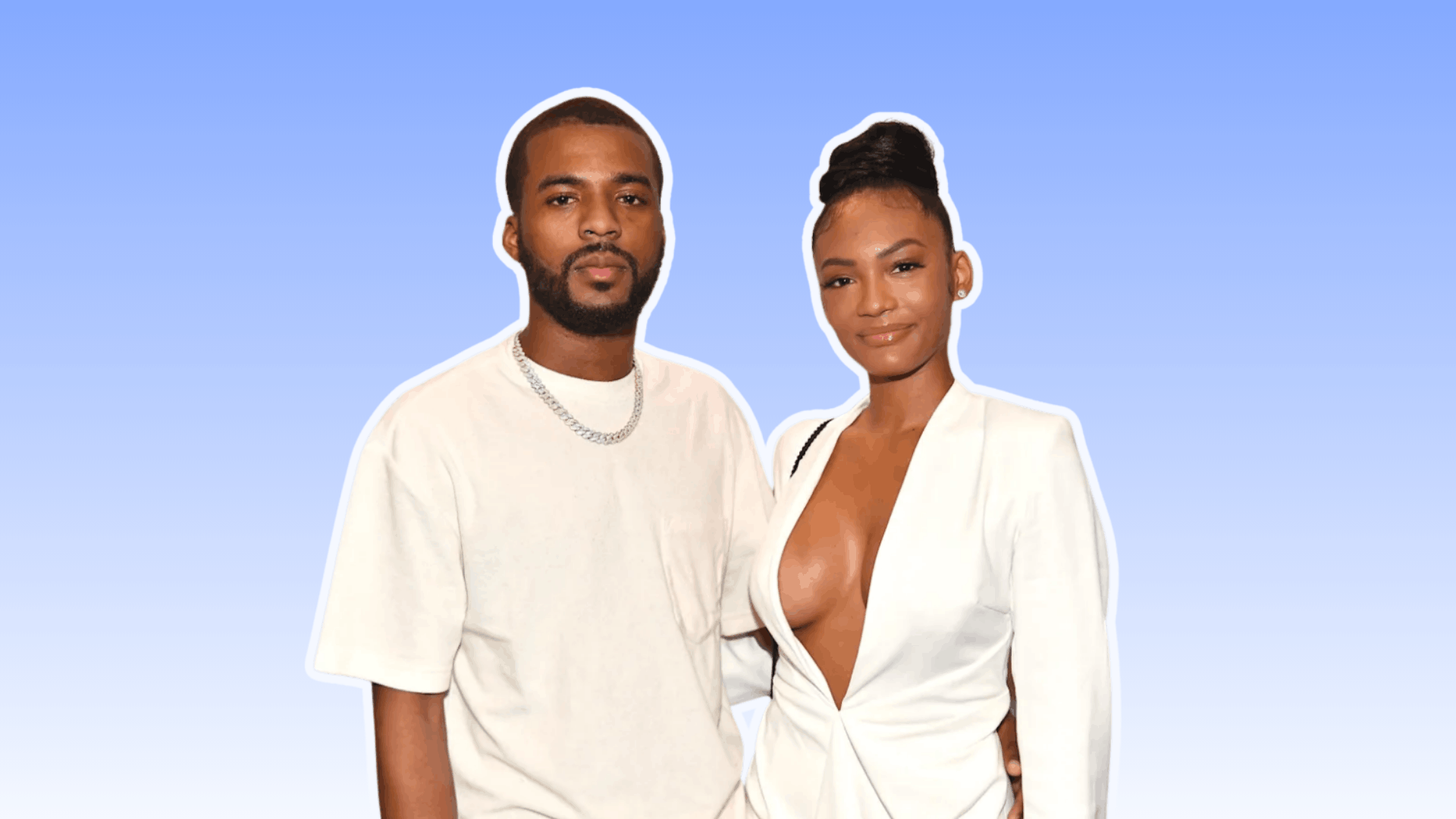 Jaylan Banks and his wife introduced in a soft editorial portrait concept representing a modern public figure connected to reality TV fame and social media attention, set against a clean blue gradient background with cinematic lighting and minimal aesthetic style.