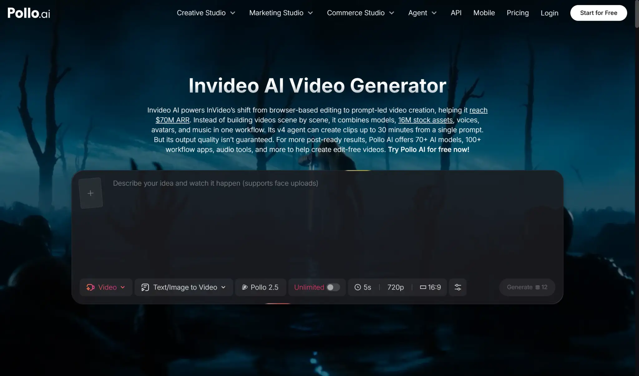Dark digital interface for AI video generator with blue and black abstract background