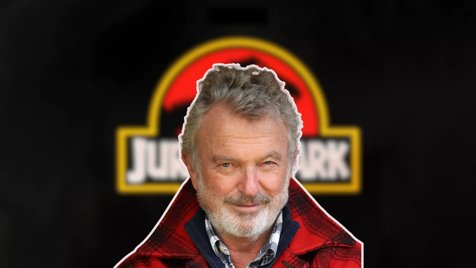 Sam Neill portrait with Jurassic Park logo background highlighting his iconic film role.