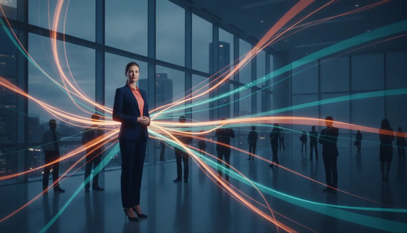Woman in business attire standing with colorful light lines in modern office setting