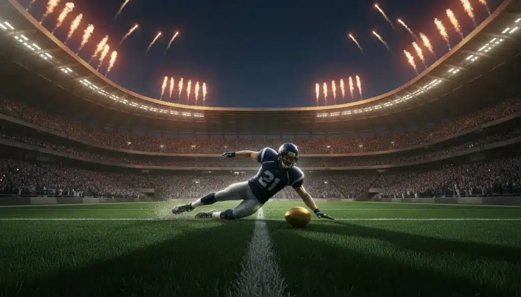 Football player diving for the ball on grassy field in stadium under fireworks