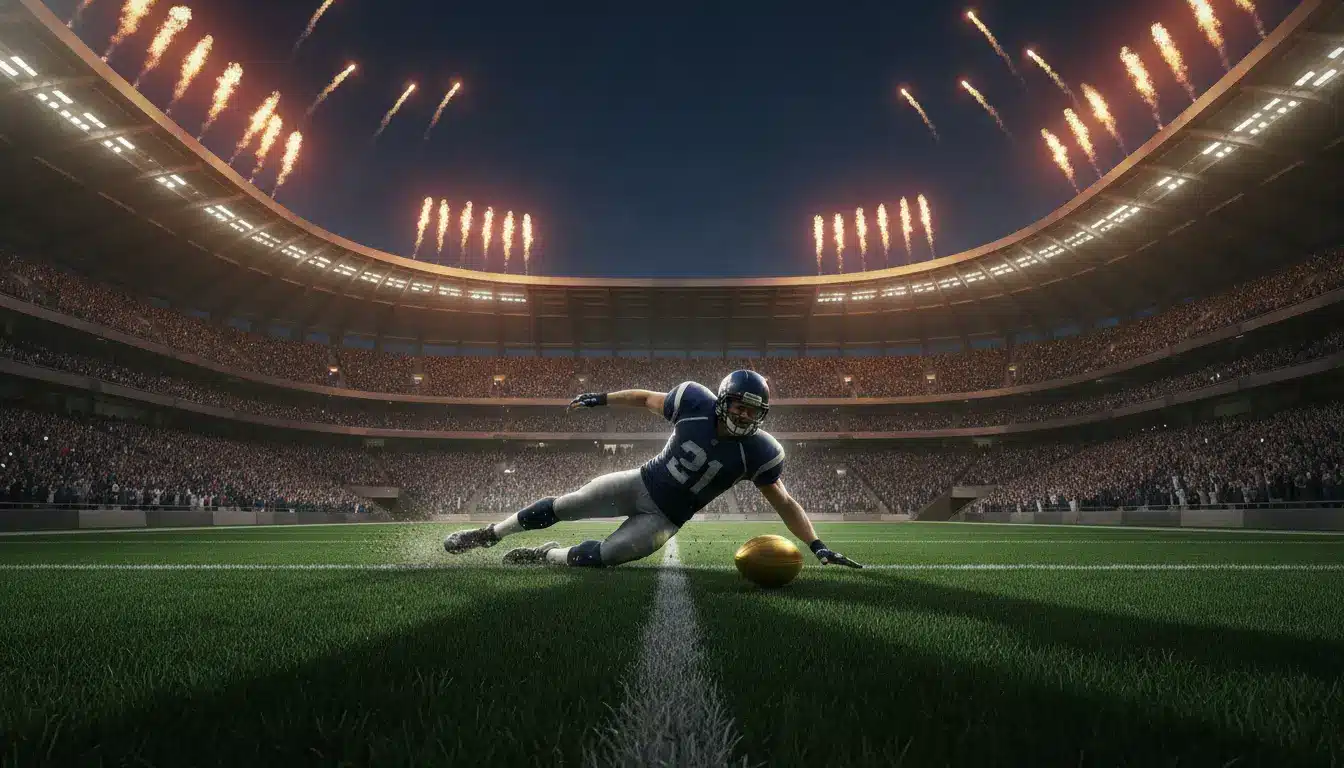 Football player diving for the ball on grassy field in stadium under fireworks