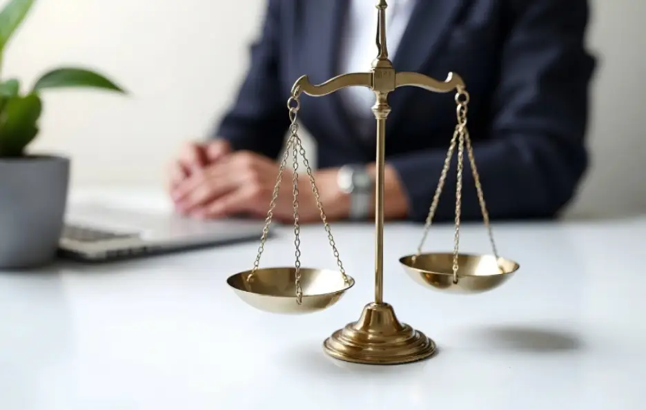 Golden balance scale on white desk with person in suit and laptop in background