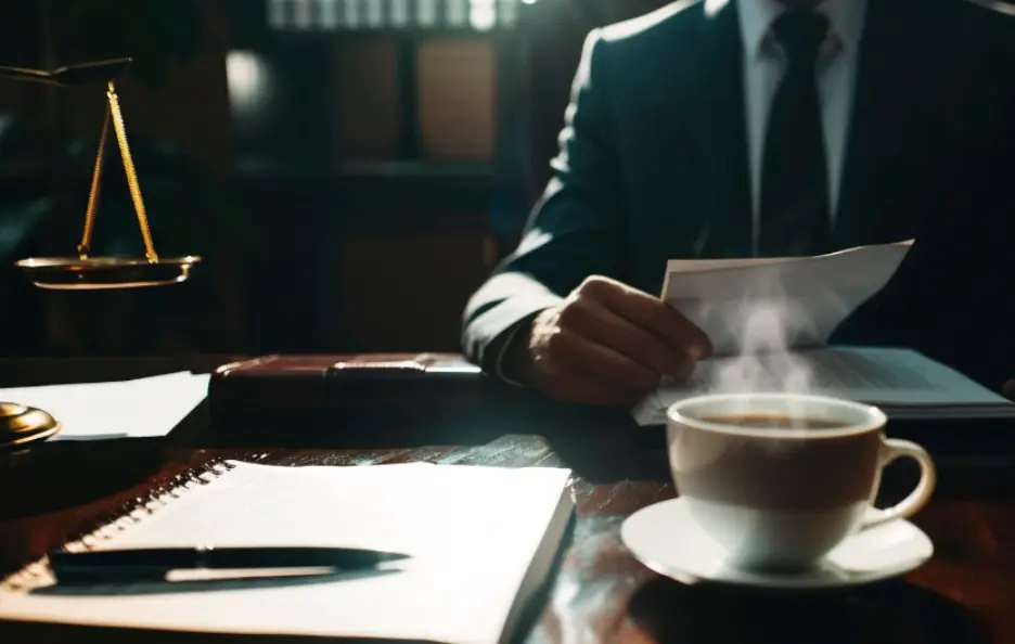 Business professional reading documents at desk with steaming coffee and scales of justice nearby