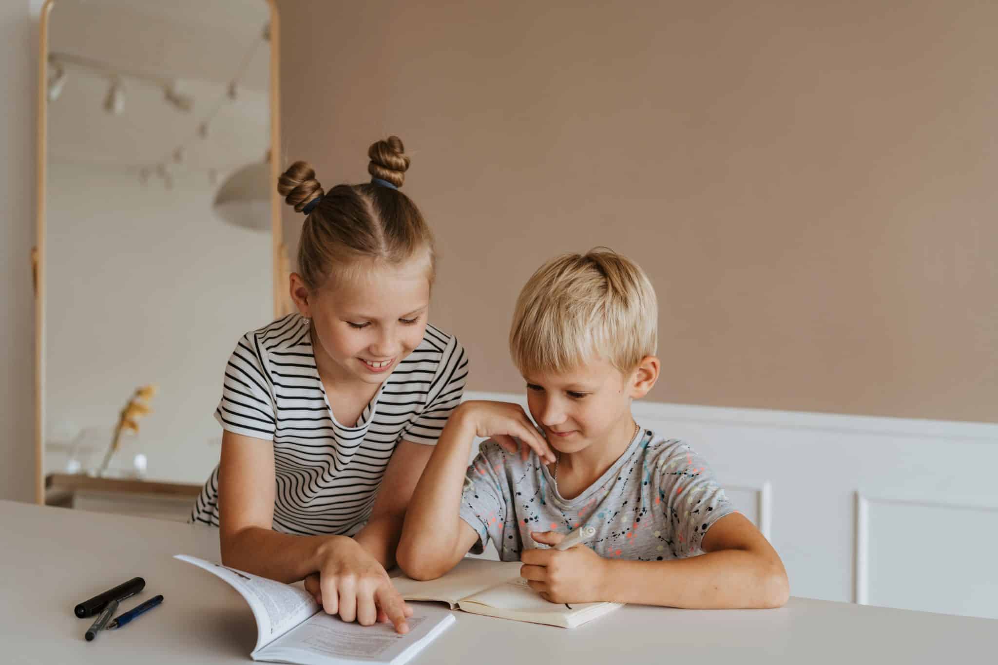 Two children sitting together and studying