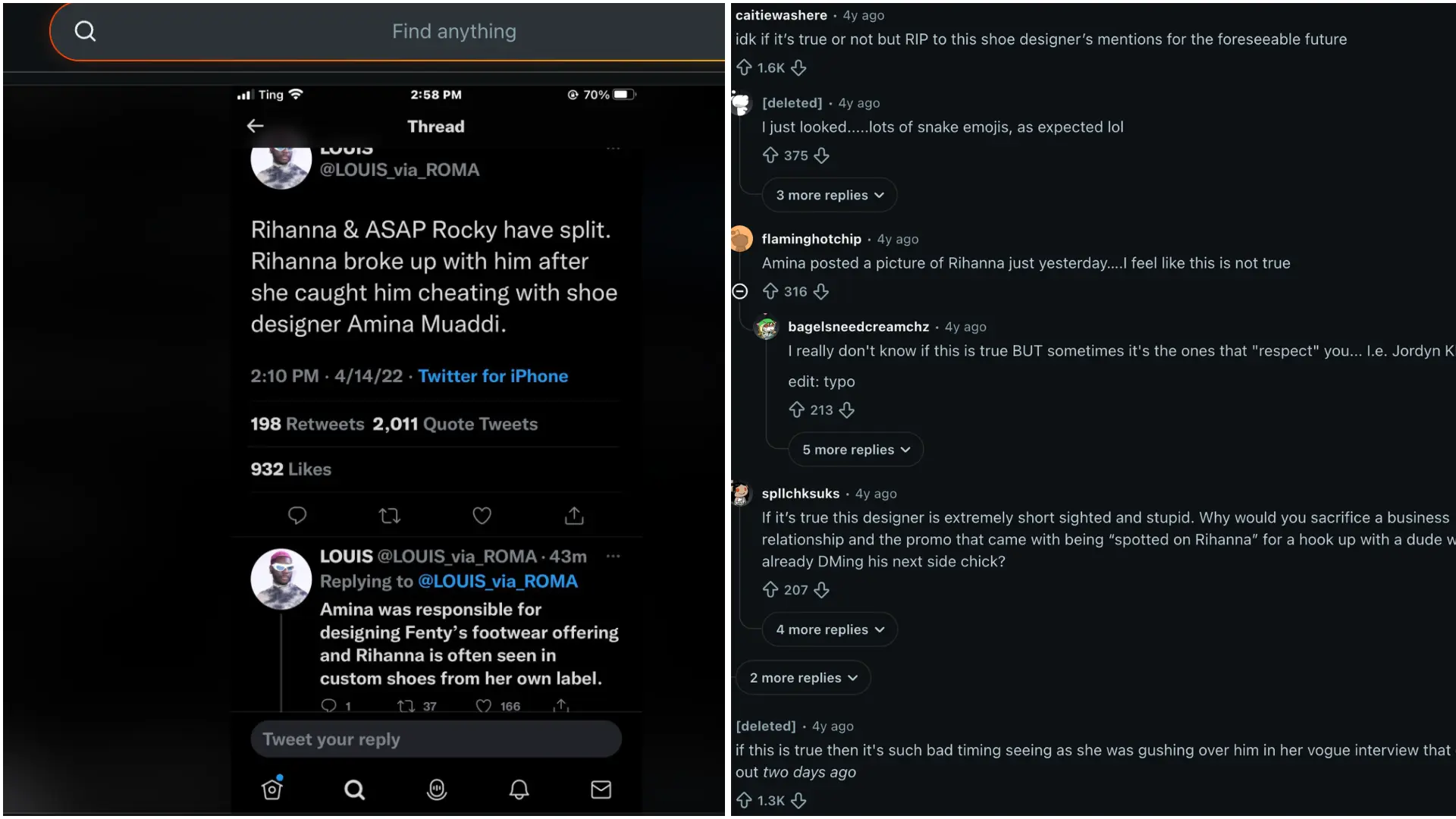 Reddit discussion screenshot showing a post about alleged Rihanna and A$AP Rocky breakup rumors alongside mixed user reactions and comments