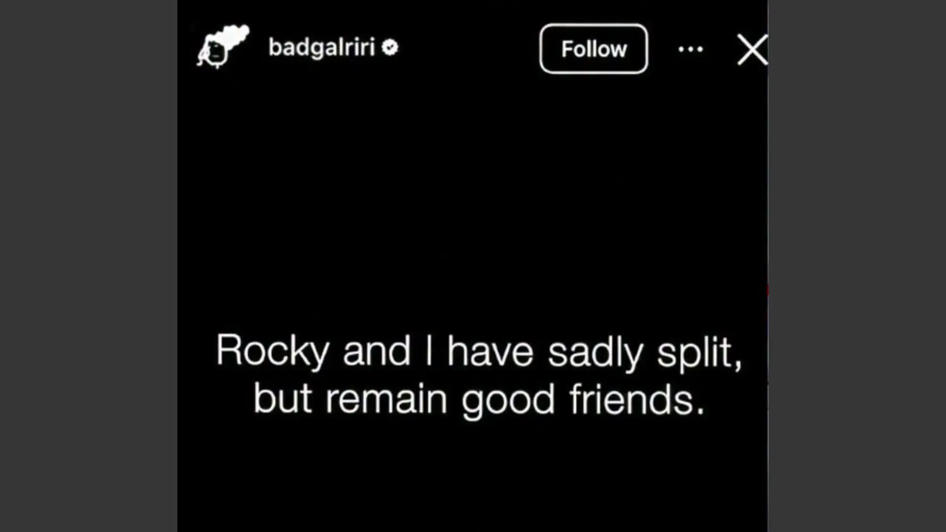 Instagram-style post stating that Rihanna and Rocky have sadly split but remain good friends.