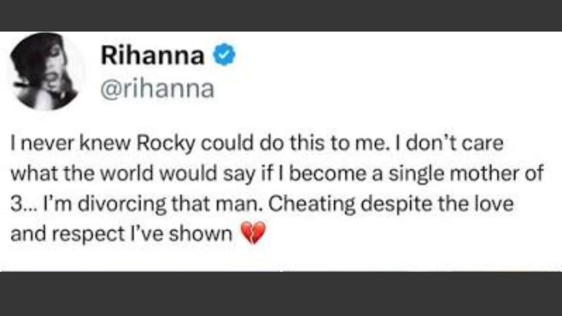 Instagram-style post attributed to Rihanna discussing a breakup with Rocky and alleging infidelity.